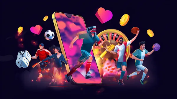 Uma jovem relaxando com o celular enquanto elementos dinâmicos de cassino flutuam ao seu redor, ilustrando a experiência móvel fluida oferecida pelo app 29P.