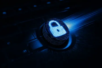 Um laptop brilhando com uma tela de login em um ambiente minimalista, simbolizando o sistema de acesso protegido do 29P.